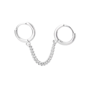 Detail of s925 silver chain hoop earrings for double piercings on a white background