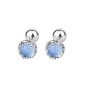 Close-up of S925 silver moonstone earrings with screw back design and blue gemstone
