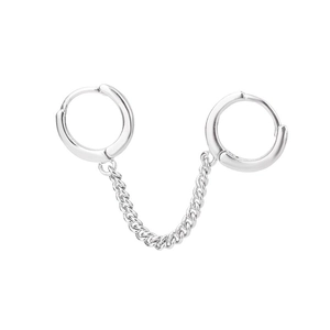 Minimalist S925 sterling silver double hoop earrings connected by a fine metal chain