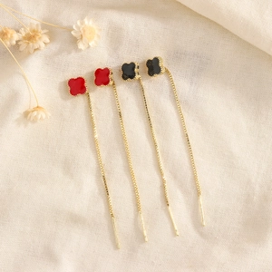 Clover Tassel Ear Threader Earrings Copper Enamel Long Drop Dangle Fashion Jewelry For Women Elegant Delicate Accessories
