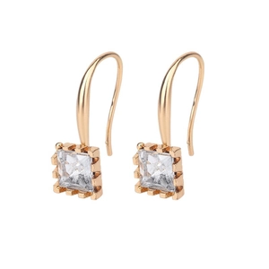 Elegant gold earrings with square-cut zircon stone and crown claw setting in minimalist style