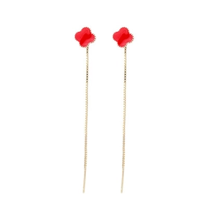 Elegant gold clover tassel earrings with red clover charms and long delicate chain