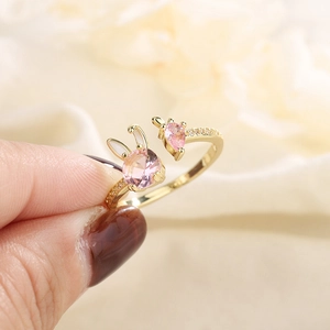 Cute Rabbit And Carrot Open Ring Gold Plated Copper Pink Cubic Zirconia Adjustable Ring For Women Girls Sweet Jewelry