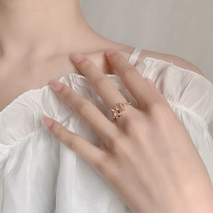 Cute bunny rabbit open ring with pink zircon gemstone in gold finish for women