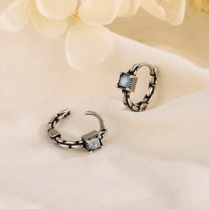 Huggie Hoop Earrings Square Blue Gemstone Chain Texture Retro Oxidized Style Women Jewelry