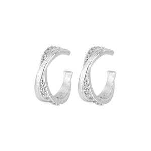 Sparkling zircon double-layer crisscross ear cuff in silver finish for non-pierced ears