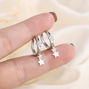 Boucles d'oreilles créoles S925 en argent sterling avec double étoile et pendentif