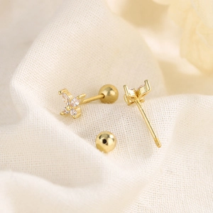 Elegant gold butterfly screw back stud earrings with marquise cut cubic zirconia stones