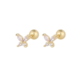 Golden butterfly stud earrings with zircon crystals and secure screw ball backs