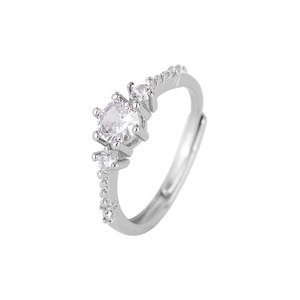 Minimalist silver zircon open ring with classic six-prong setting and side accents