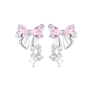 S925 silver bow earrings with pink heart stones, cross charms and sparkling zircon