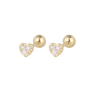 Golden heart screw back earrings with three zircon stones for women and cartilage piercing