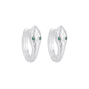 Detailed macro view of silver snake-shaped earrings with green zircon eyes and scales