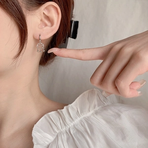 Elegant s925 silver Ruyi lock drop earrings with triple bead charms on female model