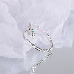 Chic silver snake ring with sparkling zircon eyes and intricate scale textures