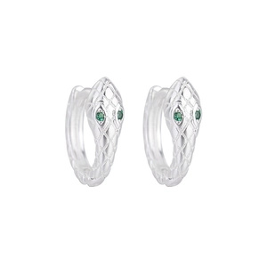 Chic silver snake hoop earrings with detailed scales and green gemstone eyes for unisex