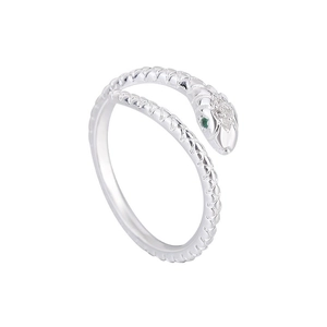 Exquisite snake-shaped open ring in silver finish with green stone eyes and zircon accents
