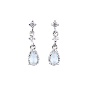 Close-up of light blue teardrop pendant earrings with s925 silver metal and clear gemstones