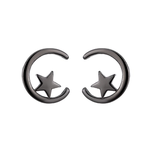 Minimalist S925 sterling silver moon and star stud earrings in gunmetal dark grey finish