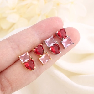 Boucles D Oreilles Puces Cristal Cœur Et Rectangle Cuivre Bicolore Asymétrique Bijoux Mode Coréenne Femmes