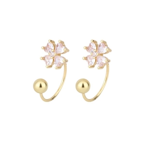 Minimalist gold four-leaf clover stud earrings with pink heart-shaped crystal stones