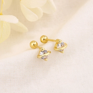 Saturn-shaped S925 sterling silver gold stud earring with sparkling cubic zirconia center