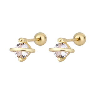 S925 silver planet screw back earrings with gold plating and sparkling zircon stones
