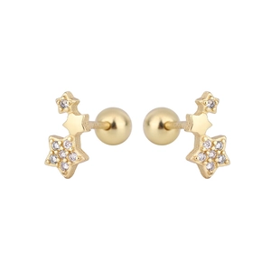 Detail of gold screw-back earrings with three stars and sparkling white zircon stones