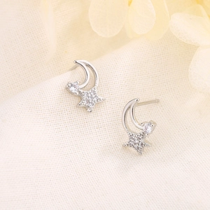 Elegant S925 sterling silver moon and star stud earrings with sparkling cubic zirconia