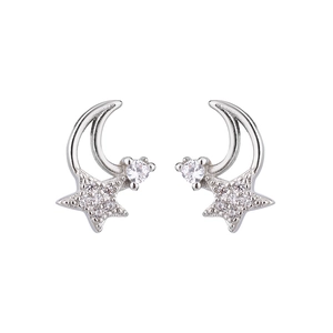Elegant S925 silver star and moon stud earrings with pavé-set zircons on white background