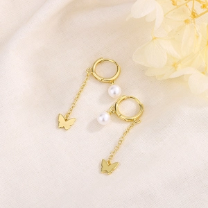 Boucles d'oreilles papillon en or 18K avec perles blanches et fermoir en argent S925