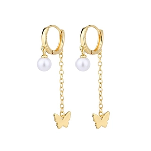 Boucles d'oreilles S925 dorées avec perle blanche et pendentif papillon à franges