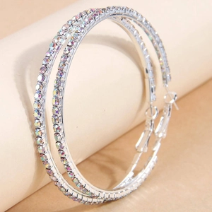 Chic 6.0cm silver hoop earrings with shimmering AB colorful rhinestones in a bohemian style