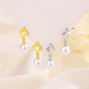 Geometric Hollow Square Artificial Pearl Dangle Earrings With 925 Sterling Silver Earring Post French Vintage Elegant Jewelry For Women