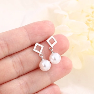 Elegant French style pearl drop earrings with geometric square silver studs for women