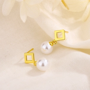 French style S925 silver gold-plated geometric square stud earrings with white pearls