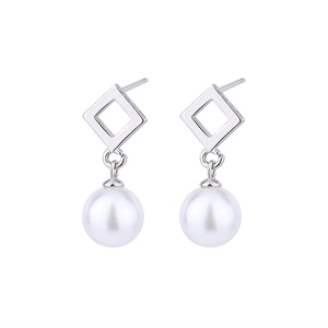 French style silver square geometric drop earrings with elegant white pearls on white background