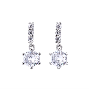 Elegant drop earrings with sparkling cubic zirconia and classic six-prong setting on white background