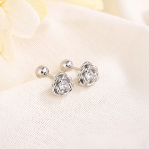Rose Flower Stud Earrings Copper With Zircon Screw Ball Back Dainty Sweet Floral Jewelry For Women