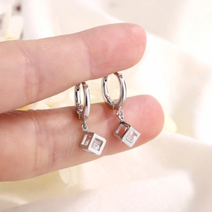 Minimalist S925 silver hoop earrings with geometric cube pendant and sparkling zircon