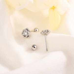 Exquisite silver rose flower stud earrings with sparkling cubic zirconia and screw ball backs