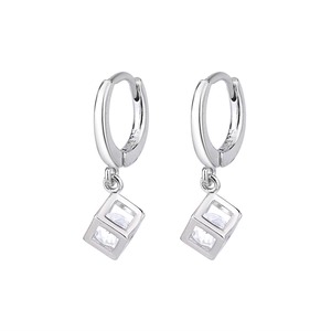 Detail of S925 silver hoop earrings with hollow cube pendant and round crystal