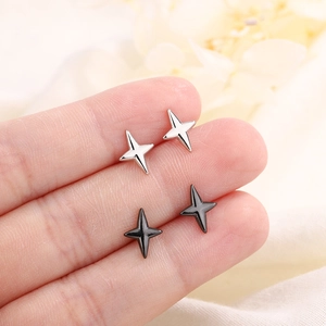 Minimalist Four Point Star Stud Earrings Copper Small Dainty Geometric Ear Jewelry For Women Men Black Silver Color