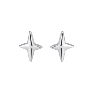 Symmetric front view of minimalist silver-colored four-pointed star stud earrings