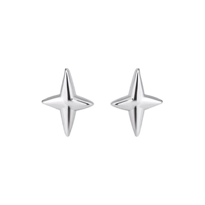 Minimalist silver four-point star stud earrings with a high-polished finish on white background