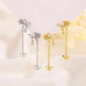 Boucles D'Oreilles À Pampilles Fleurs Papillon Cuivre Zircon Chaîne Longue Bijoux Élégants Pour Femmes Style Doux