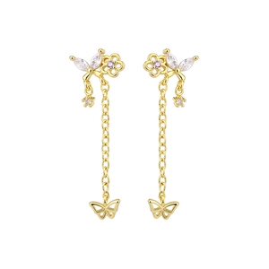Boucles d'oreilles papillon en or 18K avec pierres violettes et pampilles zircon