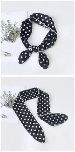 Polka dot skinny silk scarf with white contrast piping and elegant bow styling