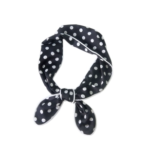 Black silk neck scarf with white polka dots and elegant white contrast piping