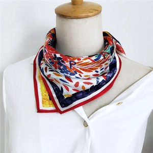 Elegant mulberry silk square scarf with colorful abstract print and letter P design